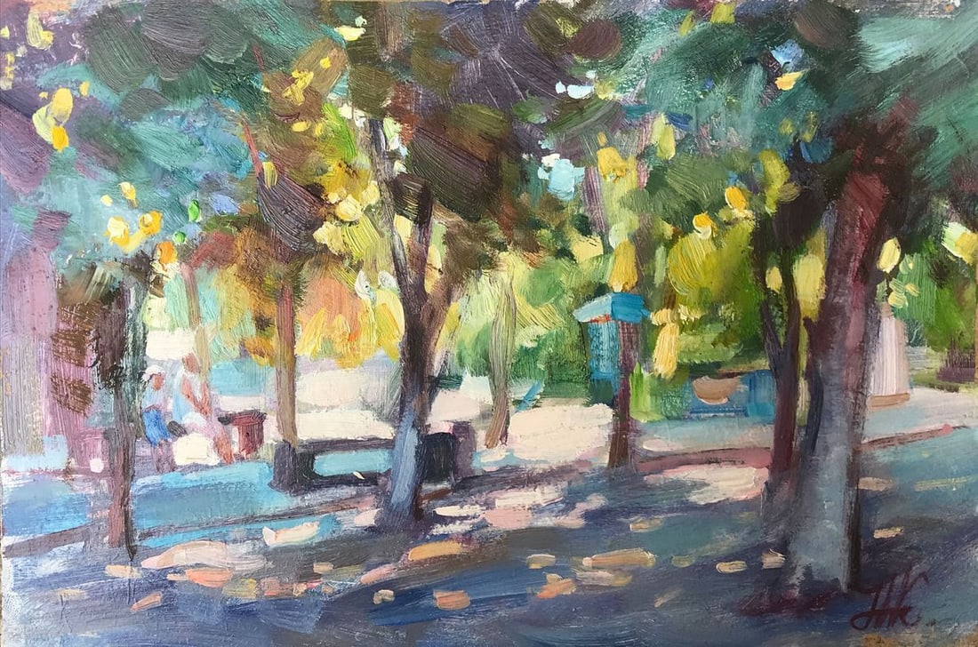 Oil painting Alley and dawn Kuzeminsky Nikolay Borisovich: No.AAA2062 Looking for a striking and unique oil painting to add to your collection? Then "Alley and Dawn" is the perfect choice! This beautiful piece captures the peacefulness of a city park at dawn,