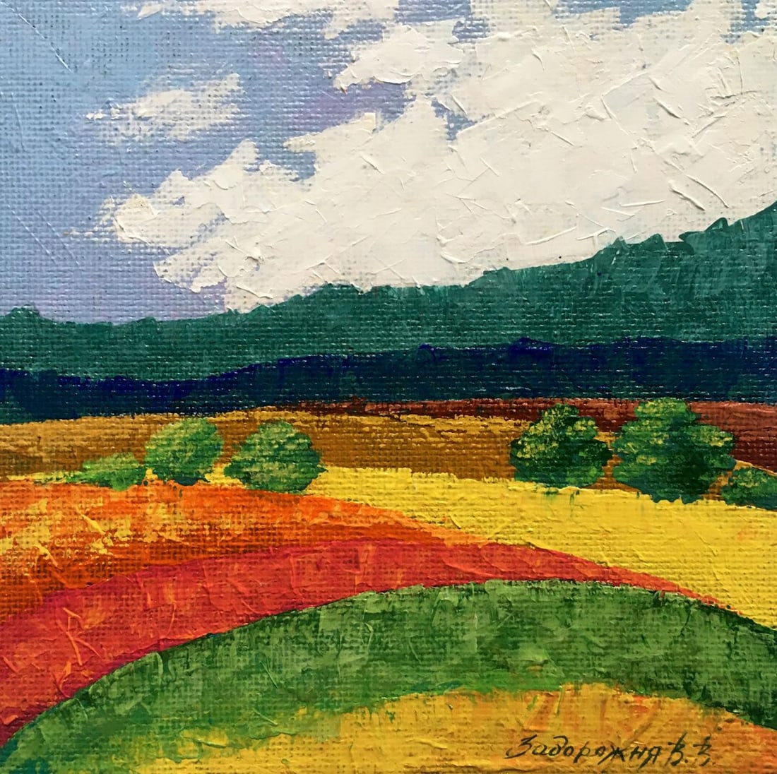 Oil painting Golden field Zadorozhnya V. V.: No.AAA2599 *** ABOUT THIS PAINTING *** * TITLE: "Golden field" * ARTISTS: Zadorozhnya V. V. * SIZE: 20x20 cm/7.87x7.87 inches' * MEDIUM: oil, cardboard * HAND PAINTED: Original painting from our colle