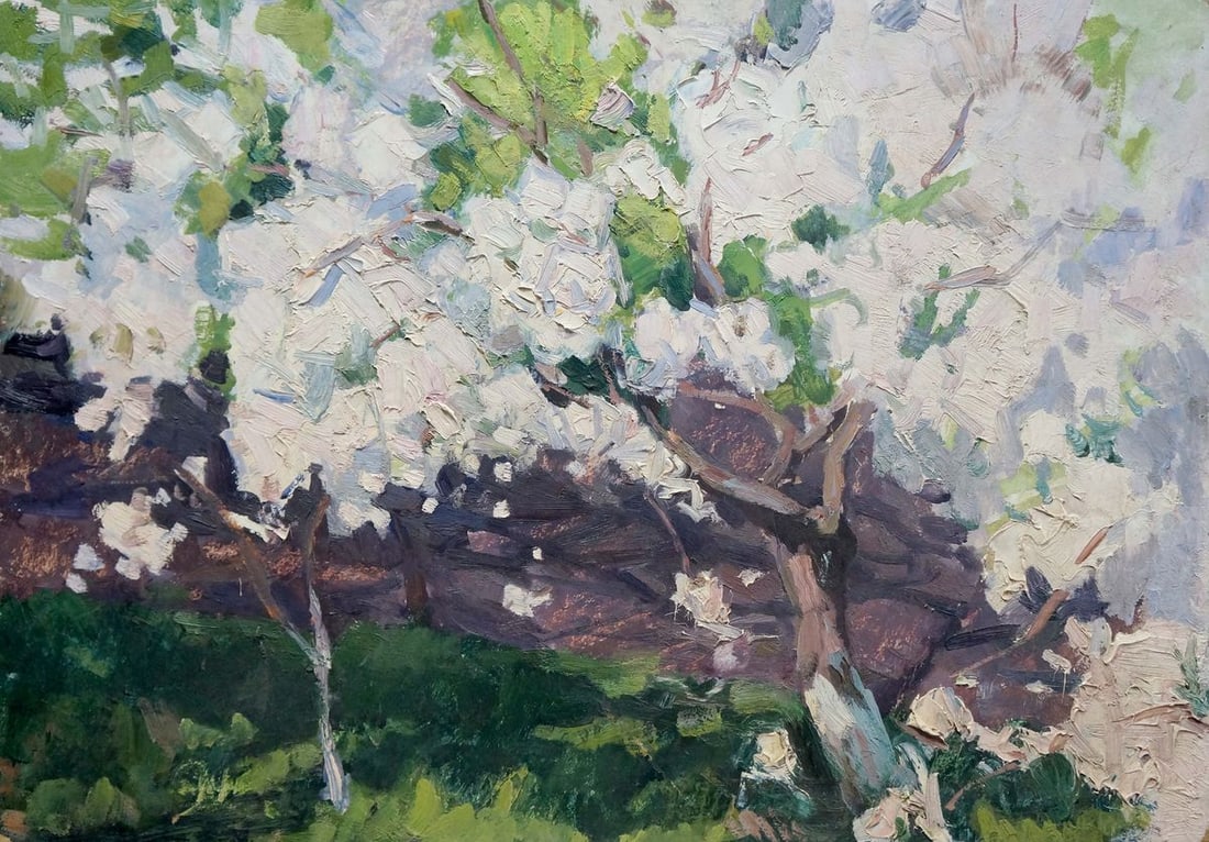 Oil painting Apple tree blossoms Trypilsky: No.Verns 716 *** ABOUT THIS PAINTING *** * TITLE: "Apple tree blossoms" * ARTISTS: Trypilsky * SIZE: 70x50 cm/27.55x19.68 inches' * MEDIUM: oil, cardboard * HAND PAINTED: Original painting from our co