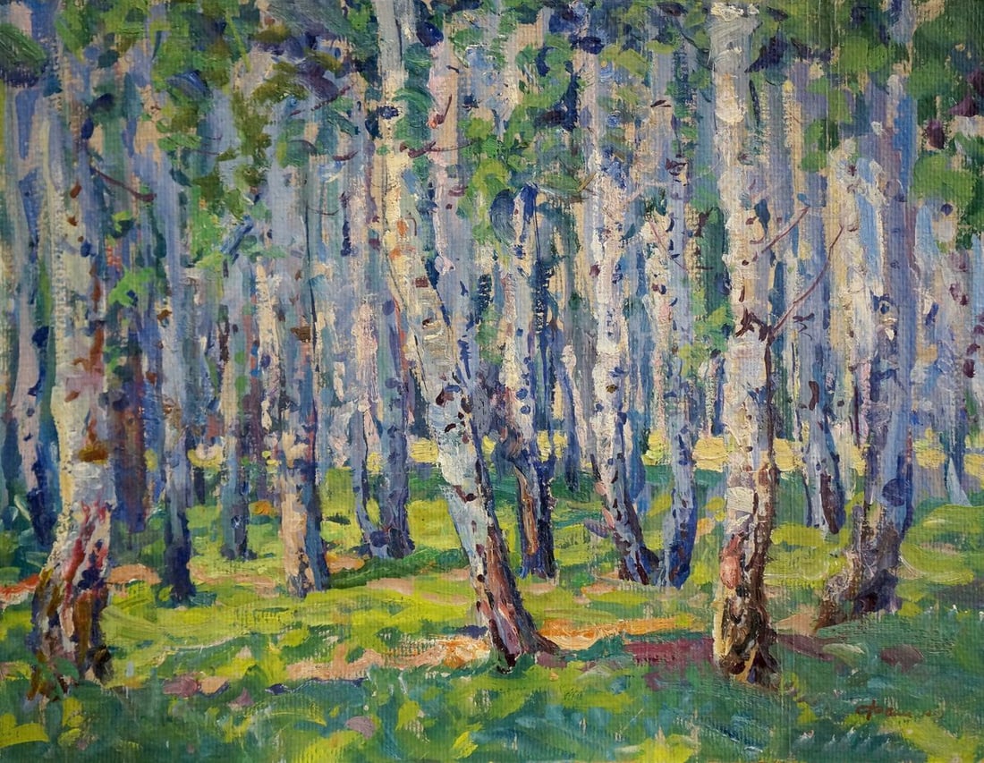 Oil painting Blue birch Fomin Anatoly Nikiforovich: No.Verns 731 *** ABOUT THIS PAINTING *** * TITLE: "Blue birch" * ARTISTS: Fomin Anatoly Nikiforovich * SIZE: 45x60 cm/17.71x23.62 inches' * MEDIUM: oil, cardboard * HAND PAINTED: Original painting fro