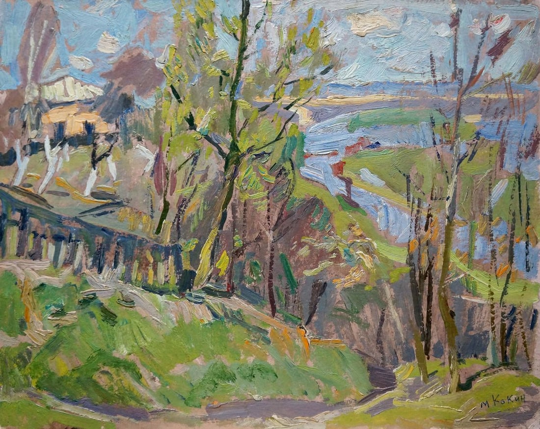 Oil painting House over the river Kokin Mikhail Alexandrovich: No.Verns 751 *** ABOUT THIS PAINTING *** * TITLE: "House over the river" * ARTISTS: Kokin Mikhail Alexandrovich * SIZE: 40x50 cm/15.74x19.68 inches' * MEDIUM: oil, cardboard * HAND PAINTED: Original p
