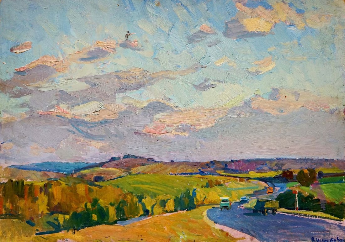 Oil painting The road to the city Shepetovsky Vitaly Yakovlevich: No.Verns 800 *** ABOUT THIS PAINTING *** * TITLE: "The road to the city" * ARTISTS: Shepetovsky Vitaly Yakovlevich * SIZE: 50x70 cm/19.68x27.55 inches' * MEDIUM: oil, cardboard * HAND PAINTED: Origina
