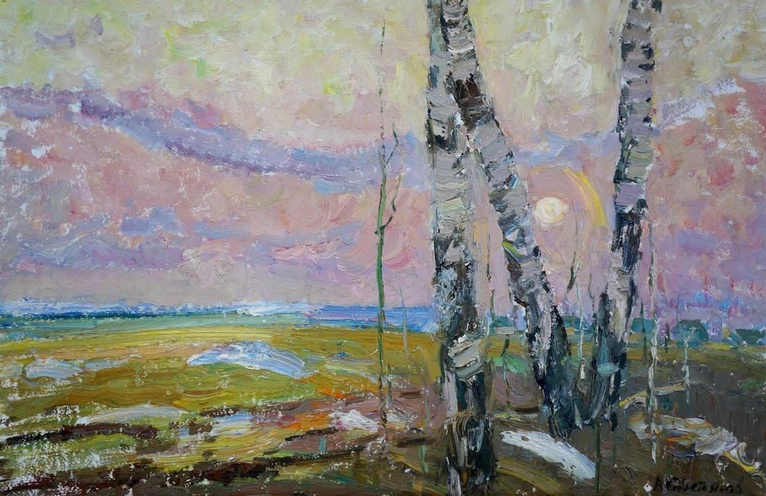 Oil painting Sunset Sevastyanov Viktor Grigorievich: No.Verns 1019 *** ABOUT THIS PAINTING *** * TITLE: "Sunset" * ARTISTS: Sevastyanov Viktor Grigorievich * SIZE: 56x86 cm/20.04x33.85 inches' * MEDIUM: oil, cardboard * HAND PAINTED: Original painting f
