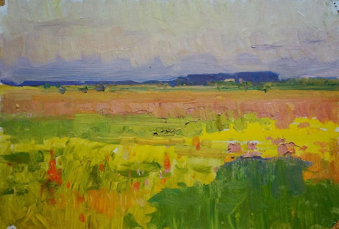 Oil painting Field landscape Koshtelyanchuk Leonty Filippovich: No.Verns 1070 *** ABOUT THIS PAINTING *** * TITLE: "Field landscape" * ARTISTS: Koshtelyanchuk Leonty Filippovich * SIZE: 24x35 cm/9.44x13.77 inches' * MEDIUM: oil, cardboard * HAND PAINTED: Original 
