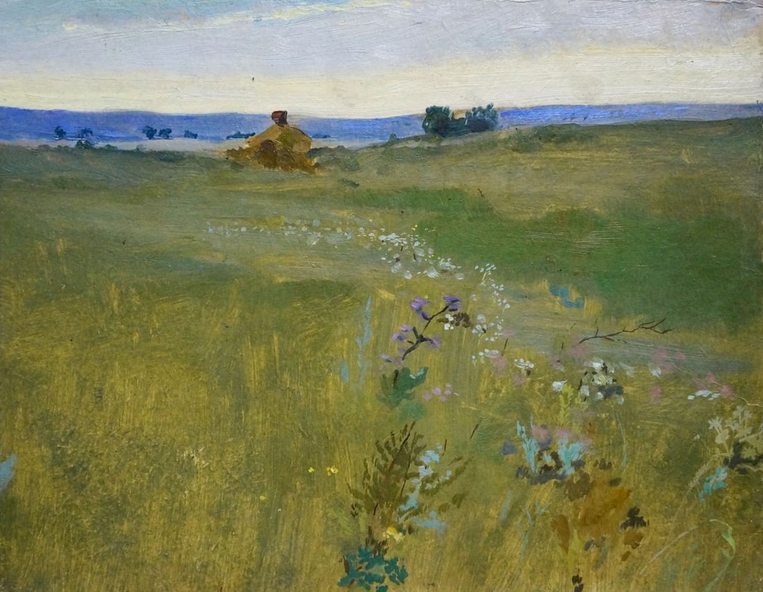 Oil painting Meadows Poltavetsky: No.Verns 1071 *** ABOUT THIS PAINTING *** * TITLE: "Meadows" * ARTISTS: Poltavetsky * SIZE: 21x27 cm/8.26x10.62 inches' * MEDIUM: oil, cardboard * HAND PAINTED: Original painting from our collection