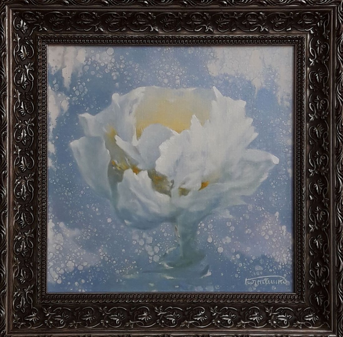 Oil painting Delicate white flower Vasily Korkishko: No.Kork 258*** ABOUT THIS PAINTING **** TITLE: "Delicate white flower" * ARTISTS: Vasily Korkishko* SIZE: 30x30.5 cm/11.81x12.00 inches'* MEDIUM: oil, canvas* HAND PAINTED: Original painting from our 