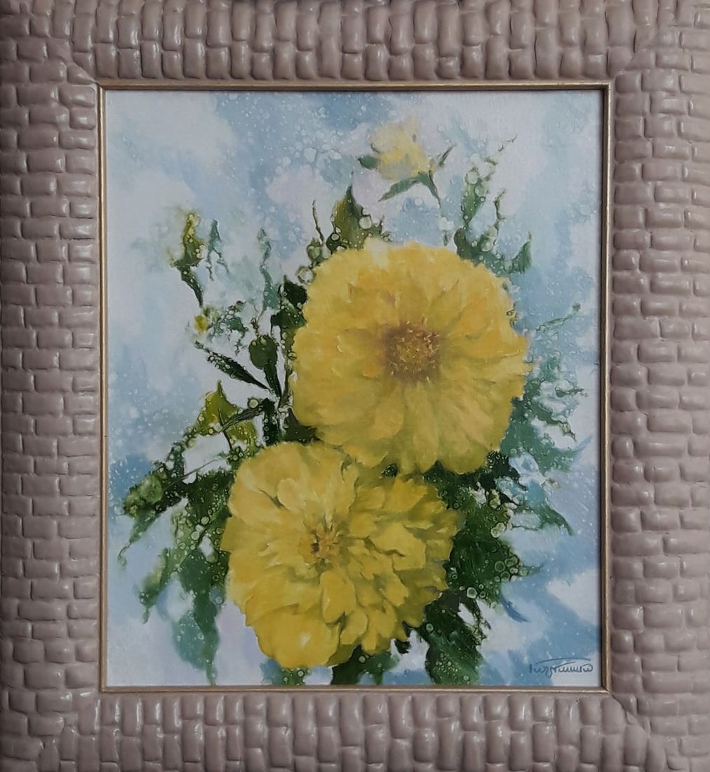 Oil painting Yellow flowers Vasily Korkishko: No.Kork 259*** ABOUT THIS PAINTING **** TITLE: "Yellow flowers" * ARTISTS: Vasily Korkishko* SIZE: 35x30 cm/13.77x11.81 inches'* MEDIUM: oil, canvas* HAND PAINTED: Original painting from our