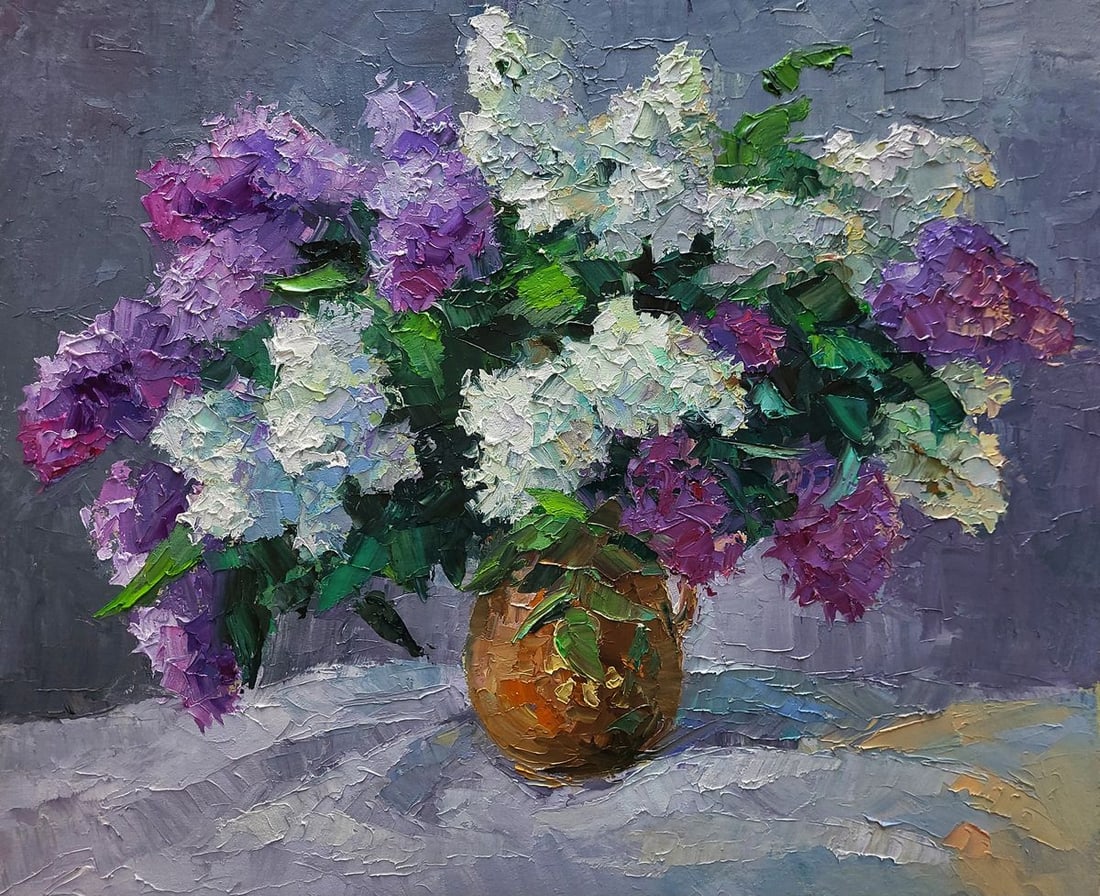 Oil painting Lilac in a jug Boris Serdyuk: No.SERB 1180The oil painting on Canvas titled "Lilac in a Jug" presents a mesmerizing still life that celebrates the lush, fragrant beauty of lilac blossoms in full bloom. With masterful impasto techn