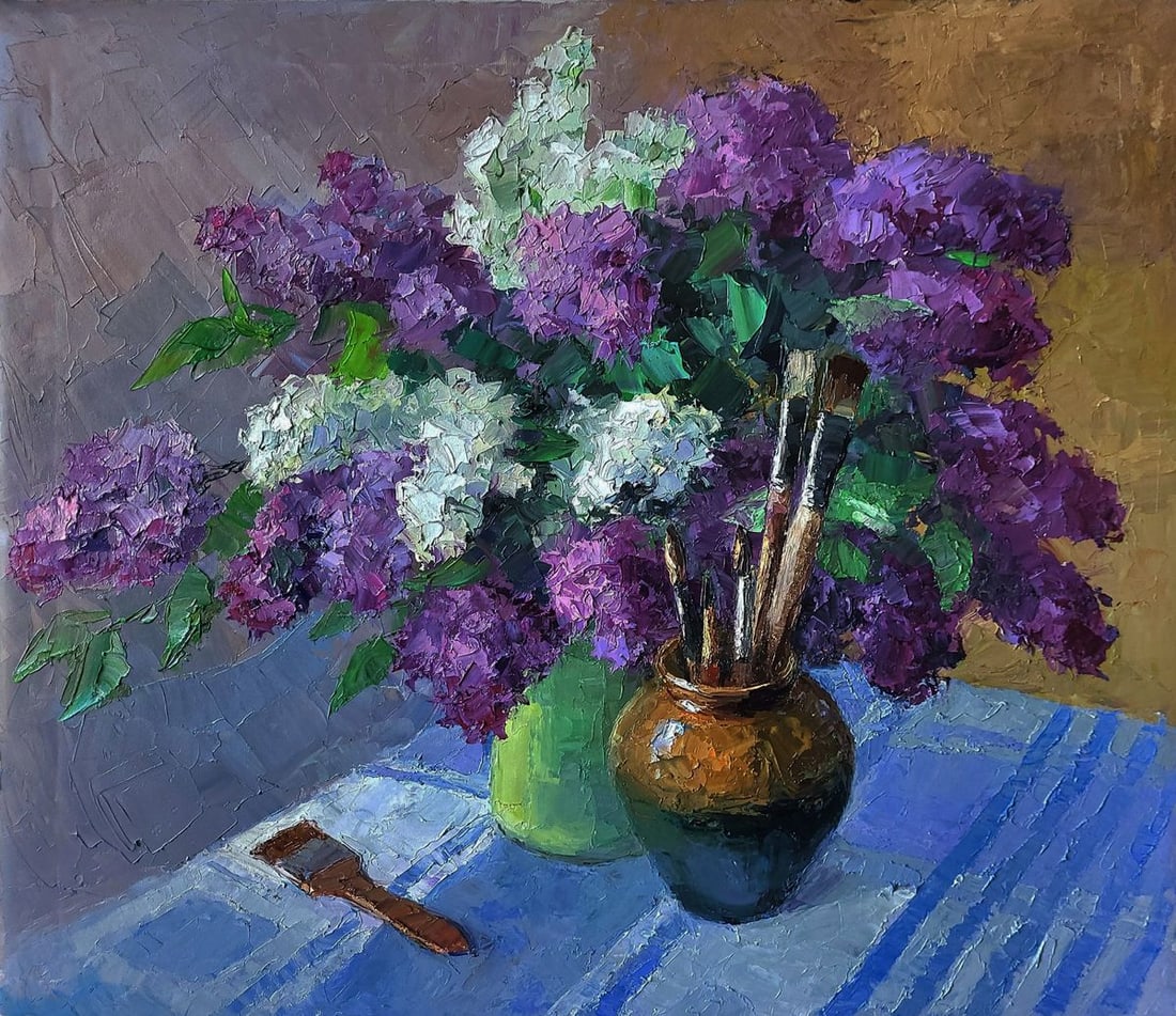 Oil painting Still life with lilac Boris Serdyuk: No.SERB 1182The oil painting on Canvas titled "Still Life with Lilac" presents a vibrant and contemplative composition that gracefully merges the natural beauty of blooming lilacs with the quiet tools