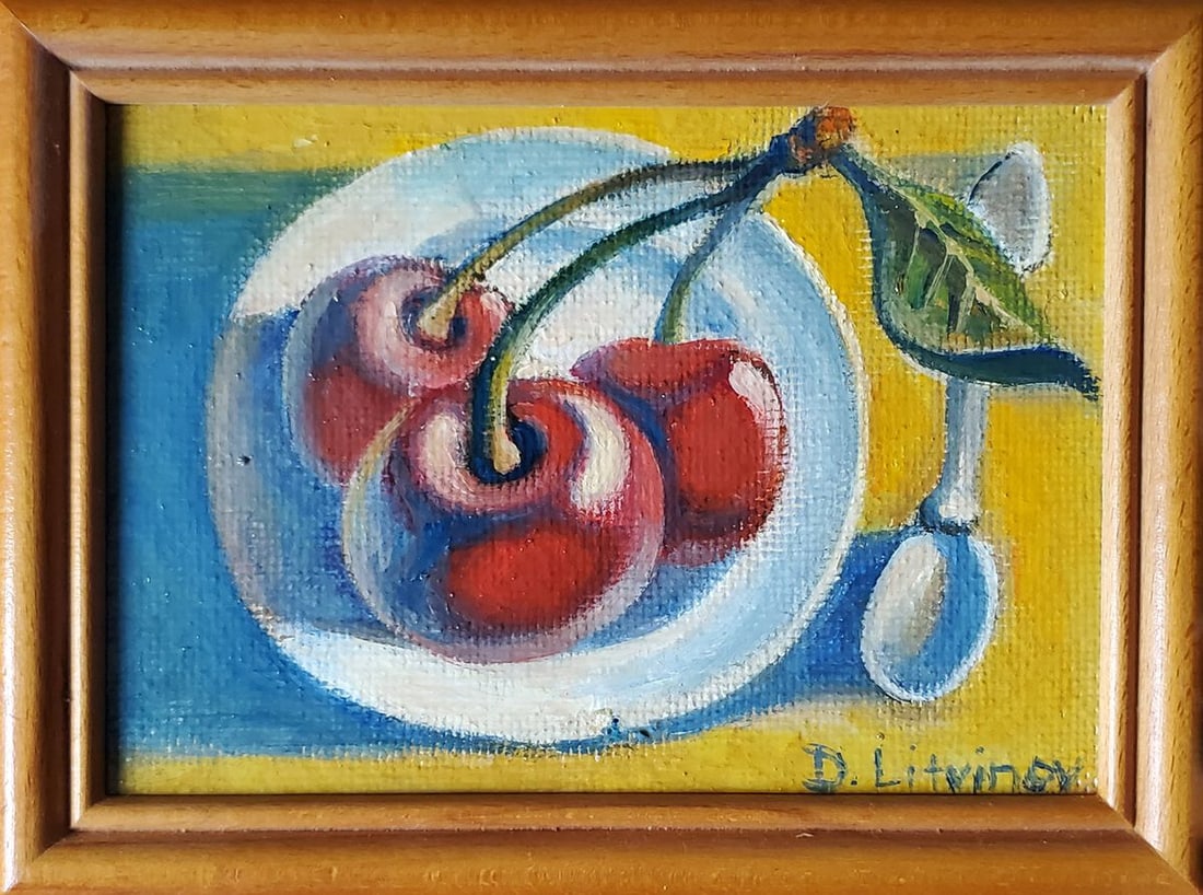 Oil painting Cherries by the sea Daniil Litvinov: No.Litv 1207*** ABOUT THIS PAINTING **** TITLE: "Cherries by the sea"* ARTISTS: Daniil Litvinov* SIZE: 13x18 cm/5.11x7.08 inches'* MEDIUM: oil, chipboard* HAND PAINTED: Original painting from our coll