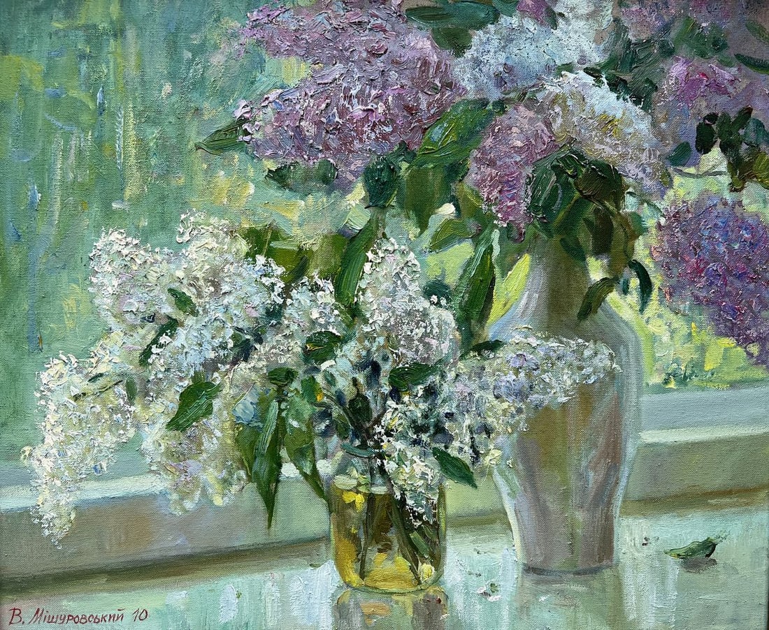 Oil painting Lilac time V. Mishurovsky: No.290"Lilac Time" by Viktor Myshurovsky beautifully captures the fleeting yet vibrant moments of spring, as expressed through the delicate and fragrant blooms of lilacs. The painting is a celebration