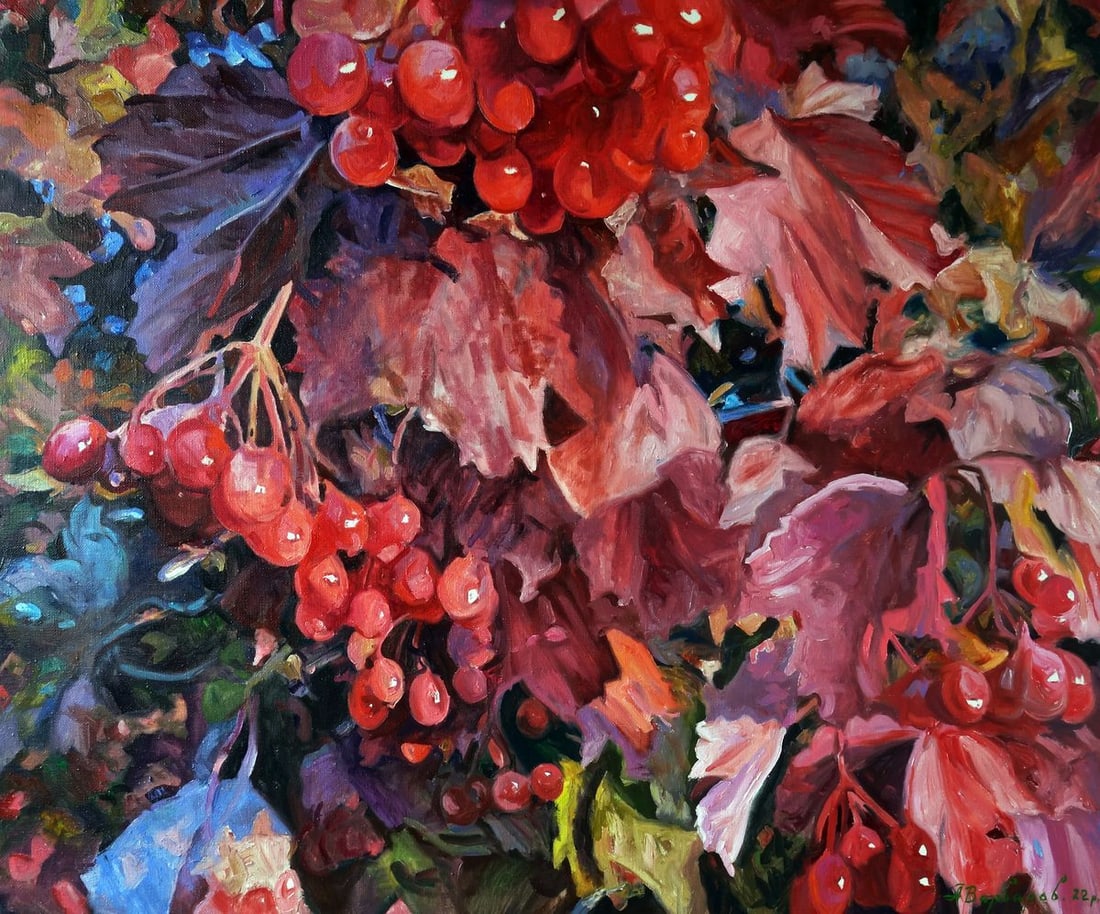 Oil painting Red viburnum Varvarov Anatoly Viktorovich: No.Varv 188This oil painting titled "Red Viburnum" is a vivid and textural portrayal of the lush beauty of nature. The artwork is a rich tapestry of deep reds and subtle greens, showcasing a