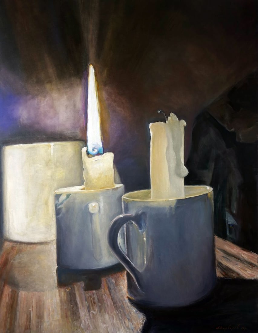 Oil painting Don't extinguish yourself Varvarov Anatoly Viktorovich: No.Varv 194The oil painting titled "Don't Extinguish Yourself" portrays a compelling still life that metaphorically speaks to the resilience of the human spirit. Two candles, each set within its own