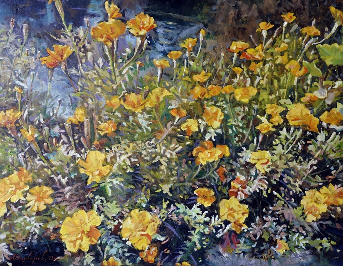 Oil painting Marigold Varvarov Anatoly Viktorovich: No.Varv 213This oil painting, titled "Marigold," is a vivid and lively representation of a marigold field. The artist uses a rich palette to capture the essence of these vibrant flowers. The marigolds