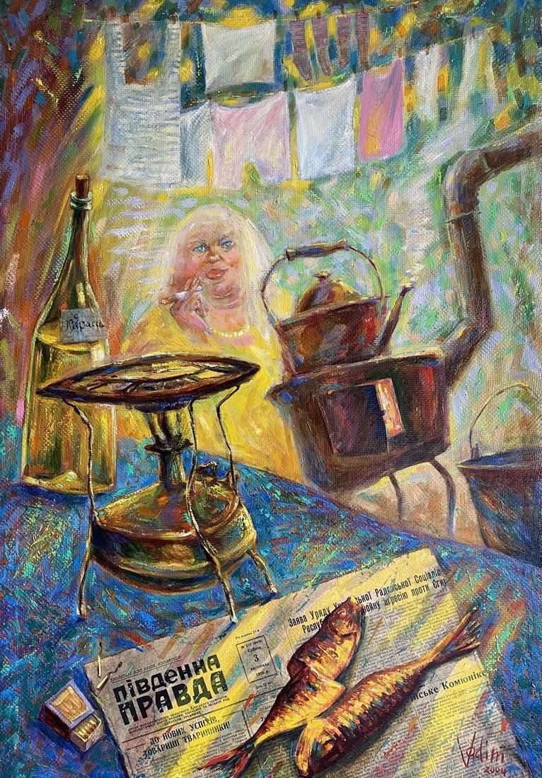 Oil painting Communal Pustil'nik Vadim: No.994AAA *** ABOUT THIS PAINTING *** * TITLE: "Communal" * ARTISTS: Pustil'nik Vadim * SIZE: 58x83 cm/22.83x32.67 inches' * MEDIUM: oil, canvas * HAND PAINTED: Original painting from our collection *