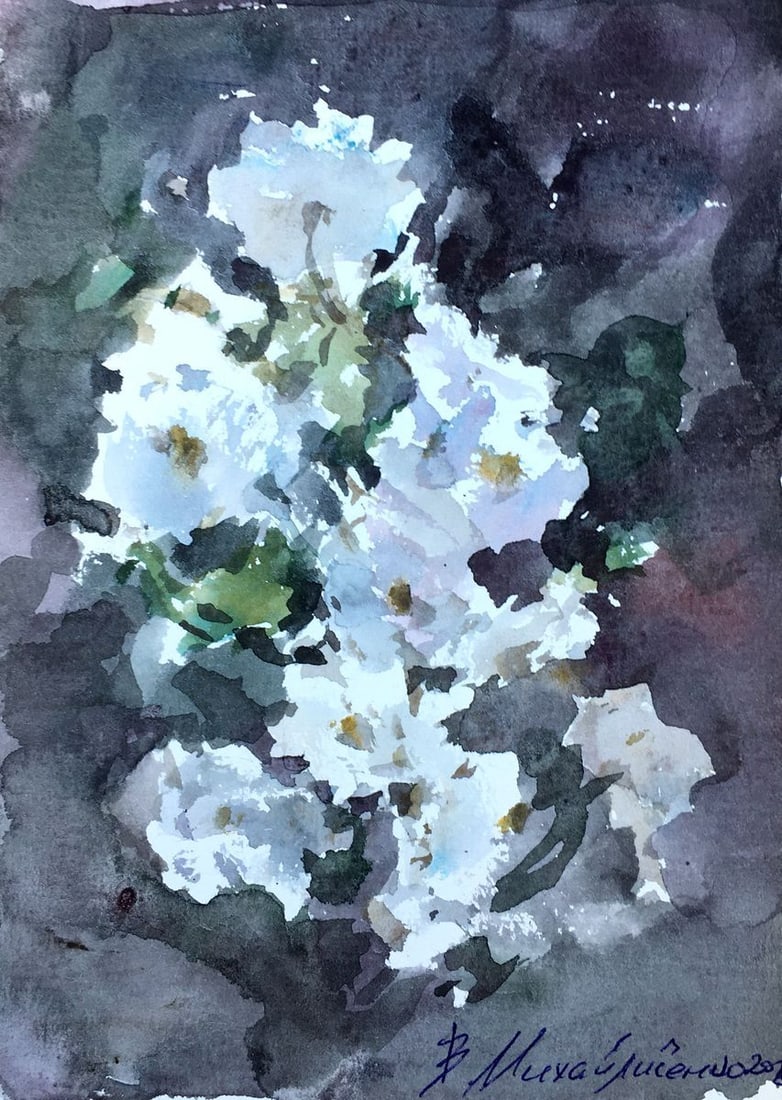 Watercolor painting White flower Viktor Mikhailichenko: No.1352 *** ABOUT THIS PAINTING *** * TITLE: "White flower" * ARTISTS: Viktor Mikhailichenko * SIZE: 14.5x19.5 cm/5.70?7.67 inches' * MEDIUM: watercolor, paper * HAND PAINTED: Original painting from