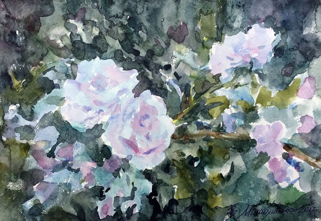 Watercolor painting Roses Viktor Mikhailichenko: No.1366 *** ABOUT THIS PAINTING *** * TITLE: "Roses" * ARTISTS: Viktor Mikhailichenko * SIZE: 21?30 cm/8.26?11.81 inches' * MEDIUM: watercolor, paper * HAND PAINTED: Original painting from our