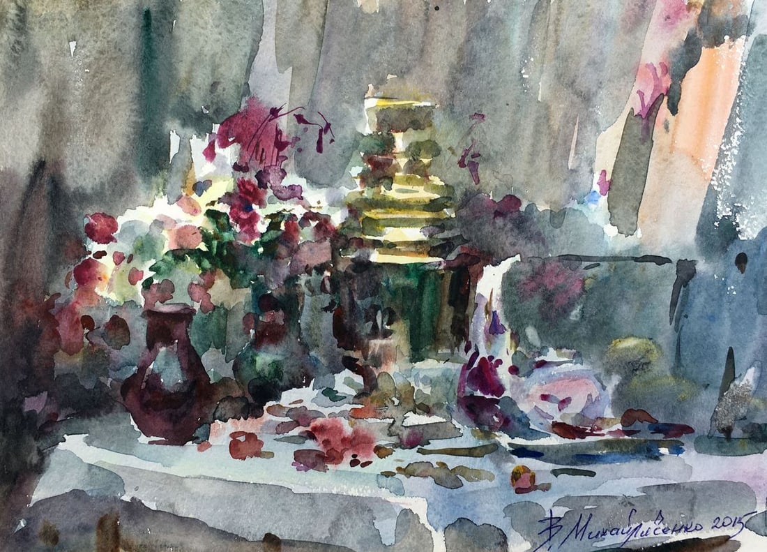 Watercolor painting Sweet still life Viktor Mikhailichenko: No.1369 *** ABOUT THIS PAINTING *** * TITLE: "Sweet still life" * ARTISTS: Viktor Mikhailichenko * SIZE: 20.5?28 cm/8.07?11.02 inches' * MEDIUM: watercolor, paper * HAND PAINTED: Original painting fro