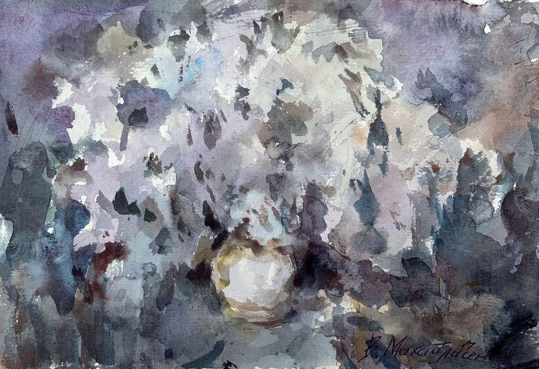 Watercolor painting White flowers Viktor Mikhailichenko: No.1376 *** ABOUT THIS PAINTING *** * TITLE: "White flowers" * ARTISTS: Viktor Mikhailichenko * SIZE: 14.5?21 cm/5.70?8.26 inches' * MEDIUM: watercolor, paper * HAND PAINTED: Original painting from
