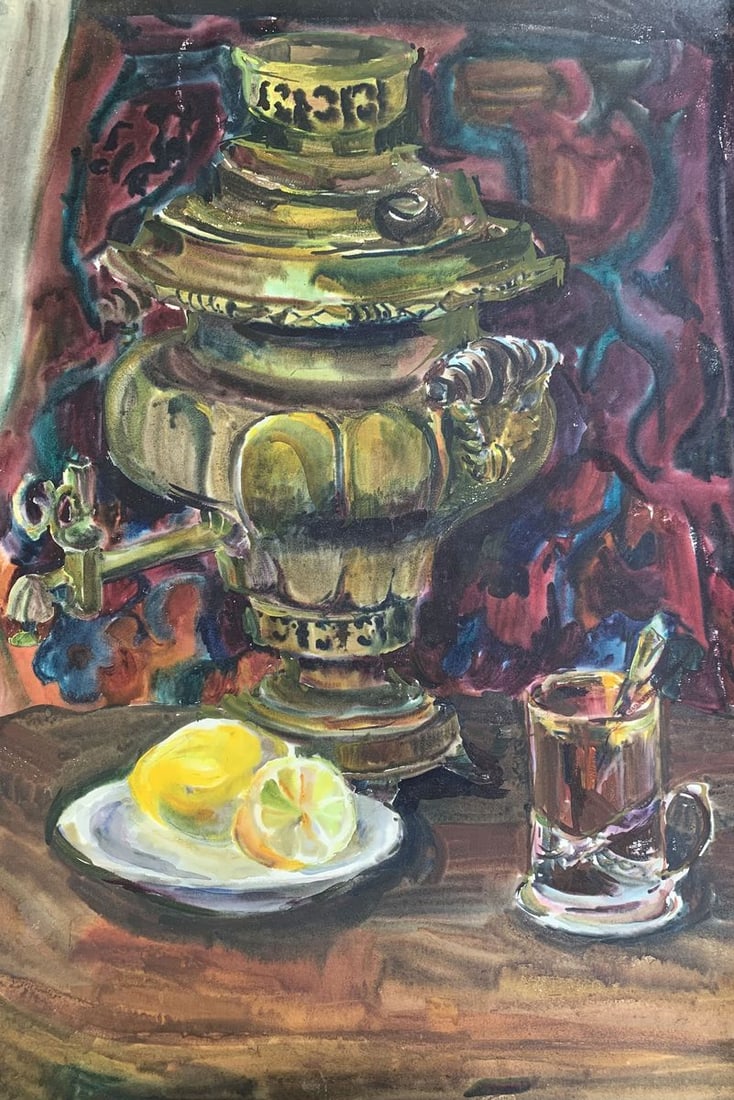 Watercolor painting Teapot on the table Palazhchenko Irina: No.1390 *** ABOUT THIS PAINTING *** * TITLE: "Teapot on the table" * ARTISTS: Palazhchenko Irina * SIZE: 61?43 cm/24.01?16.92 inches' * MEDIUM: watercolor, paper * HAND PAINTED: Original painting