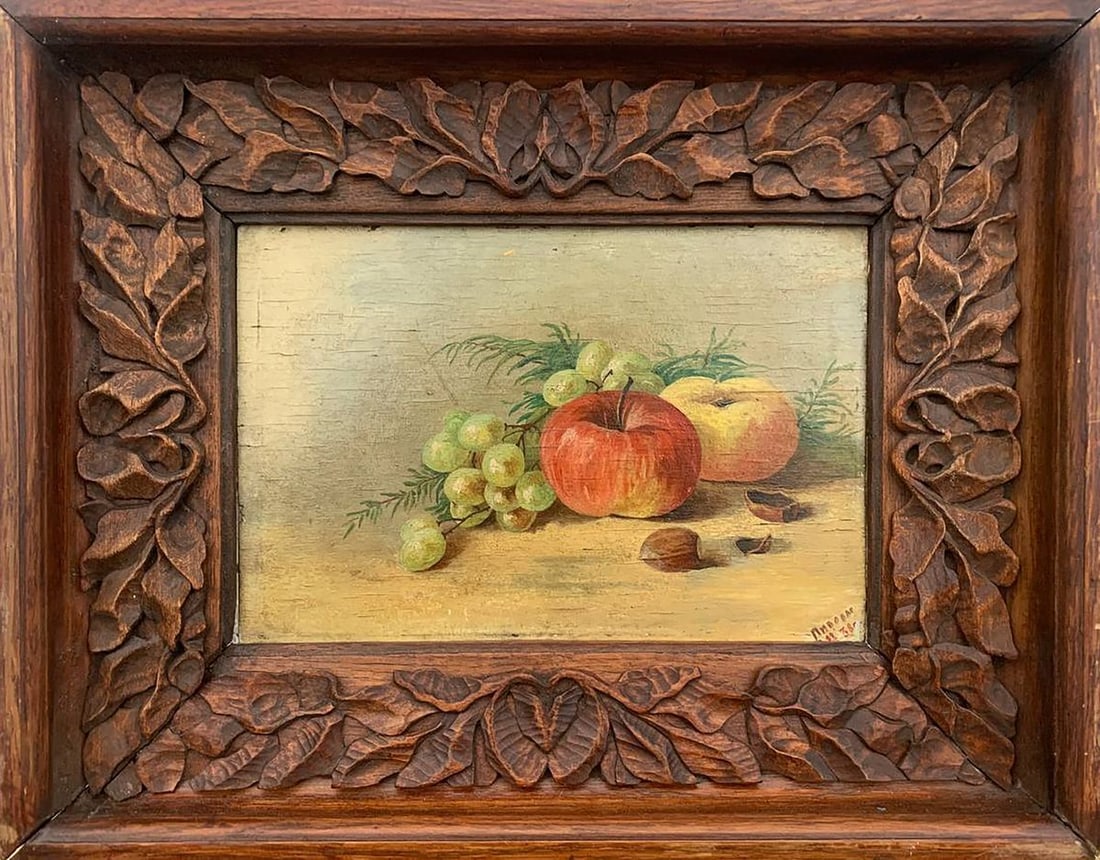 Oil painting Grapes and apple Pivovar: No.1593 *** ABOUT THIS PAINTING *** * TITLE: "Grapes and apple" * ARTISTS: Pivovar * SIZE: 18x26.5 cm/7.08x10.43 inches' * SIZE WITH FRAME: 20x29 cm/7.87x11.41 inches' * MEDIUM: oil, wood * HAND PAINT