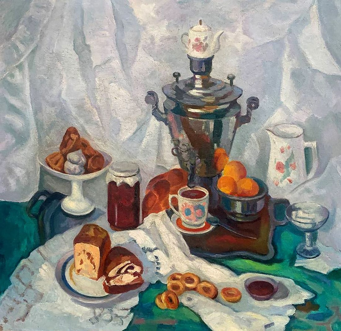 Oil painting Still life with a samovar Kerzhner Alexander Khaskelevich: No.1625 *** ABOUT THIS PAINTING *** * TITLE: "Still life with a samovar" * ARTISTS: Kerzhner Alexander Khaskelevich * SIZE: 49x51 cm/19.29x20.07 inches' * MEDIUM: oil, cardboard * HAND PAINTED: