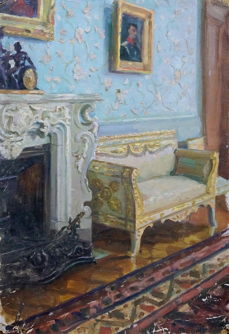 Oil painting Royal room: No.Verns 497 *** ABOUT THIS PAINTING *** * TITLE: "Royal room" * ARTISTS: Unknown artist * SIZE: 50x34 cm/19.68x13.38 inches' * MEDIUM: oil, cardboard * HAND PAINTED: Original painting from our collec