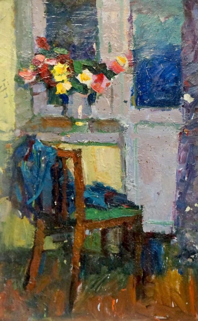 Oil painting Flowers on the windowsill: No.Verns 674 *** ABOUT THIS PAINTING *** * TITLE: "Flowers on the windowsill" * ARTISTS: Unknown artist * SIZE: 80x50 cm/31.49x19.68 inches' * MEDIUM: oil, cardboard * HAND PAINTED: Original painting