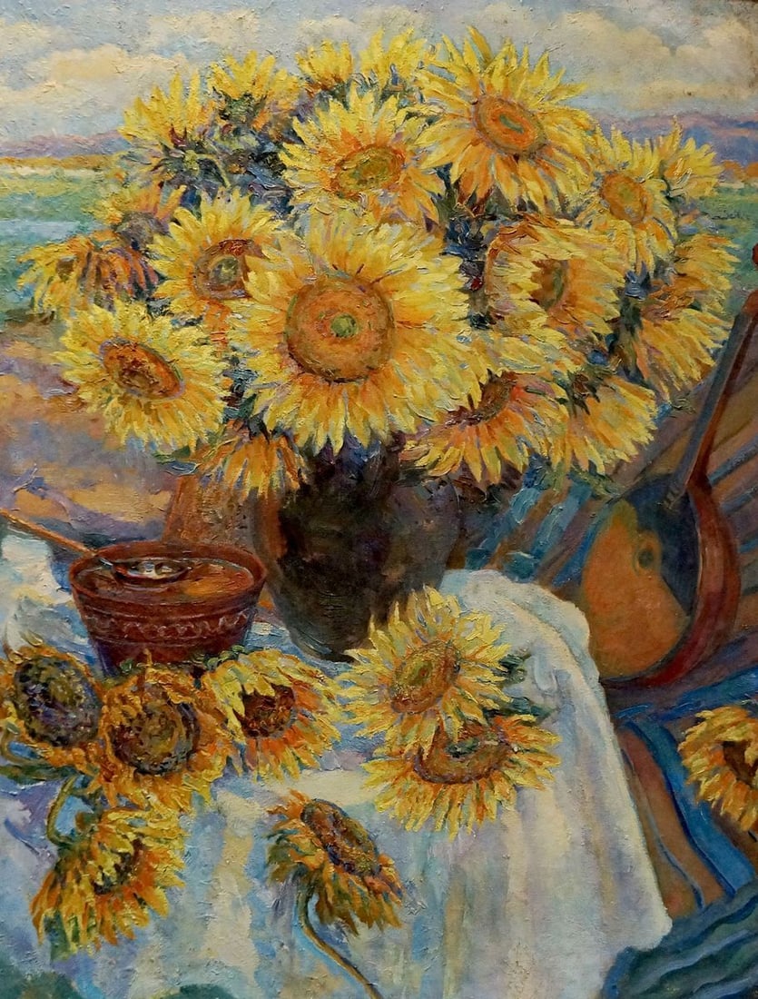 Oil painting Sunflowers Tytarenko Odarka Anatoliivna: No.Verns 1245 *** ABOUT THIS PAINTING *** * TITLE: "Sunflowers" * ARTISTS: Tytarenko Odarka Anatoliivna * SIZE: 86x66 cm/33.85x25.98 inches' * MEDIUM: oil, canvas * HAND PAINTED: Original painting fro