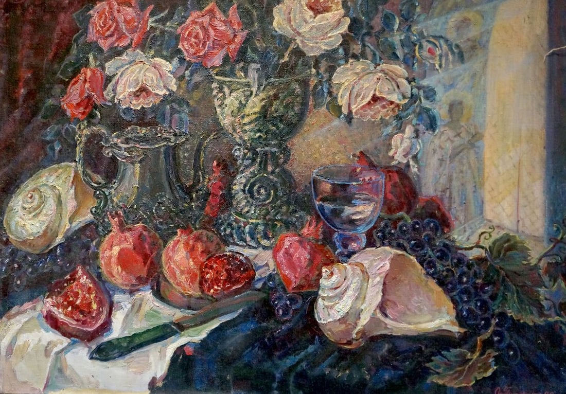 Oil painting Roses and fruits Tytarenko Odarka Anatoliivna: No.Verns 1266 *** ABOUT THIS PAINTING *** * TITLE: "Roses and fruits" * ARTISTS: Tytarenko Odarka Anatoliivna * SIZE: 86x66 cm/33.85x25.98 inches' * MEDIUM: oil, canvas * HAND PAINTED: Original painti