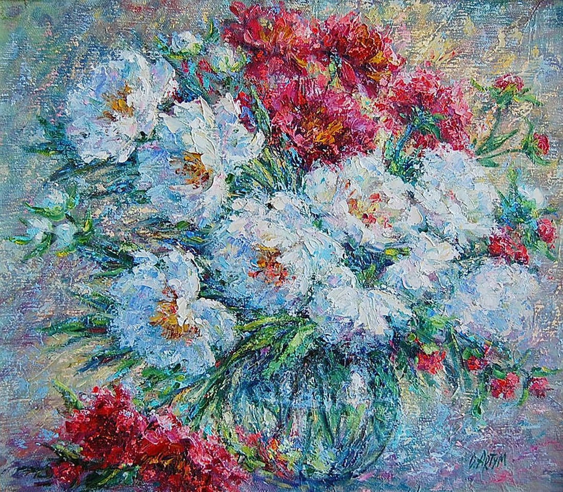 Oil painting Dmitry's peonies Kotmin Olga: No.Kotmin 71*** ABOUT THIS PAINTING **** TITLE: "Dmitry's peonies"* ARTISTS: Kotmin Olga* SIZE: 60x70 cm/23.62x27.55 inches' * MEDIUM: oil, canvas* HAND PAINTED: Original painting from our collection*