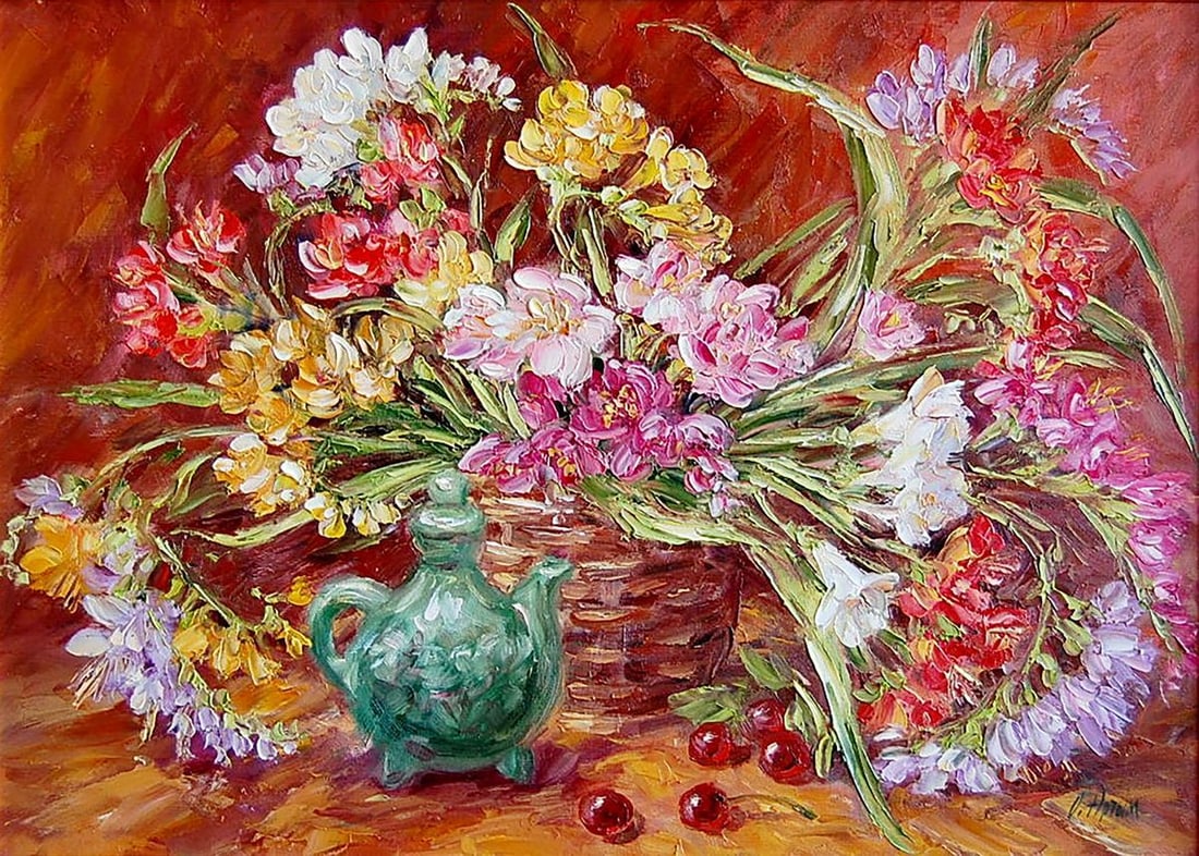 Oil painting A bouquet of freesias Kotmin Olga: No.Kotmin 73*** ABOUT THIS PAINTING **** TITLE: "A bouquet of freesias"* ARTISTS: Kotmin Olga* SIZE: 50x70 cm/19.68x27.55 inches' * MEDIUM: oil, canvas* HAND PAINTED: Original painting from our
