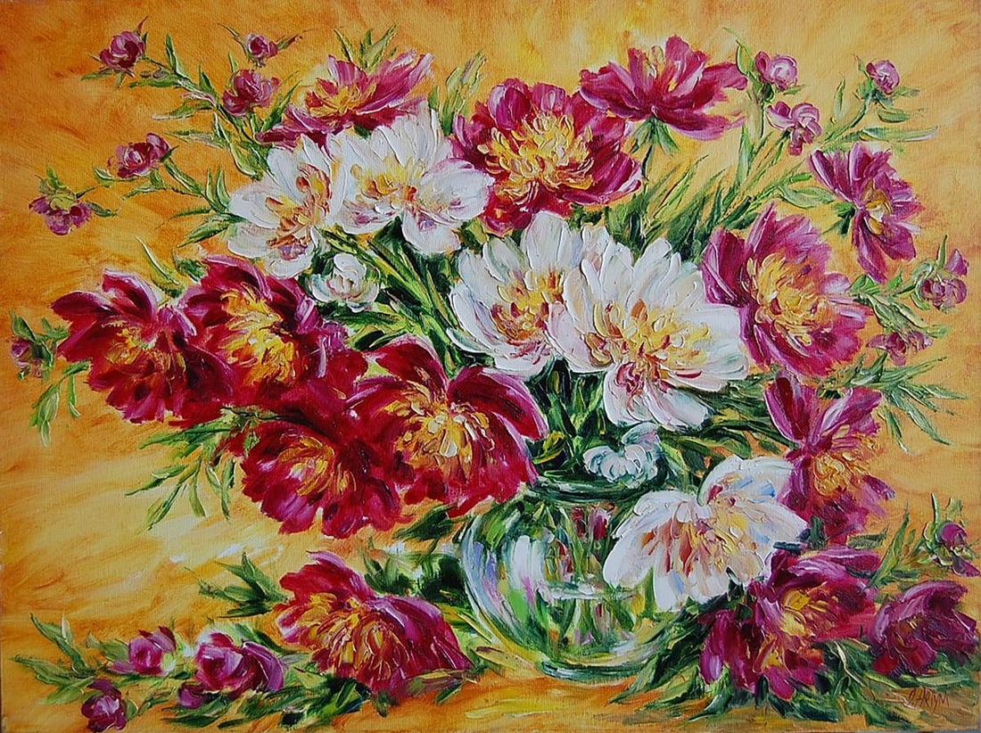 Oil painting Peonies from Bordeaux Kotmin Olga: No.Kotmin 77*** ABOUT THIS PAINTING **** TITLE: "Peonies from Bordeaux"* ARTISTS: Kotmin Olga* SIZE: 60x80 cm/23.62x31.49 inches' * MEDIUM: oil, canvas* HAND PAINTED: Original painting from our collec