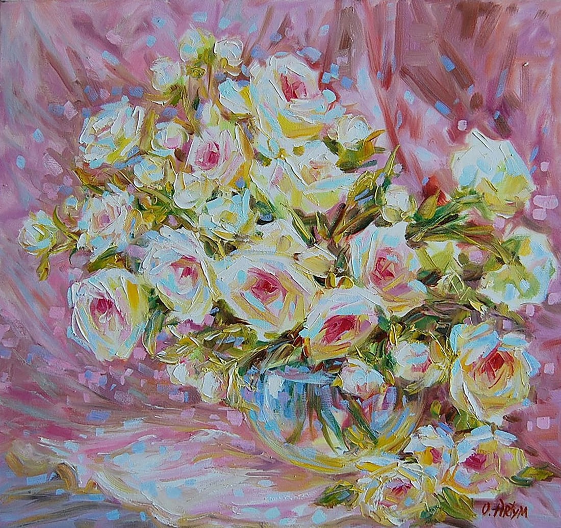 Oil painting Roses by Pierre Ronsard Kotmin Olga: No.Kotmin 79*** ABOUT THIS PAINTING **** TITLE: "Roses by Pierre Ronsard"* ARTISTS: Kotmin Olga* SIZE: 55x60 cm/21.65x23.62 inches' * MEDIUM: oil, canvas* HAND PAINTED: Original painting from our
