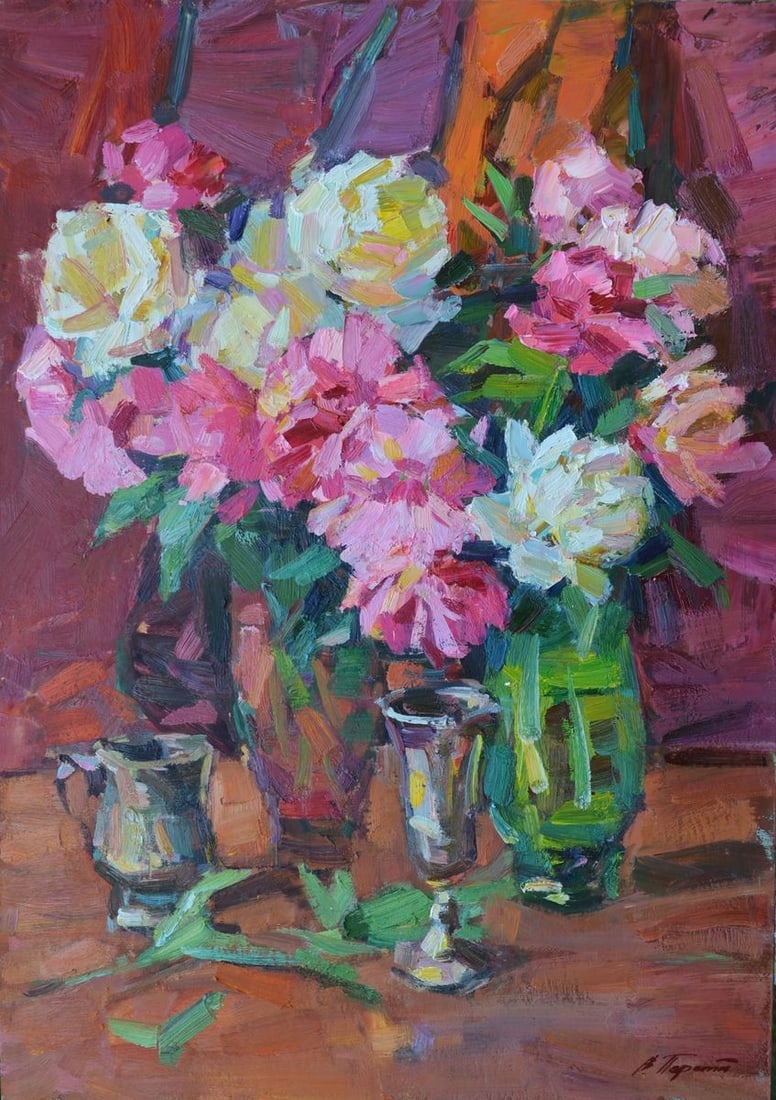 Oil painting Peonies Tepeta Miacheslav: No.Tep 20 *** ABOUT THIS PAINTING *** * TITLE: "Peonies" * ARTISTS: Tepeta Miacheslav * SIZE: 50x70 cm/19.68x27.55 inches' * MEDIUM: oil, cardboard * HAND PAINTED: Original painting from our
