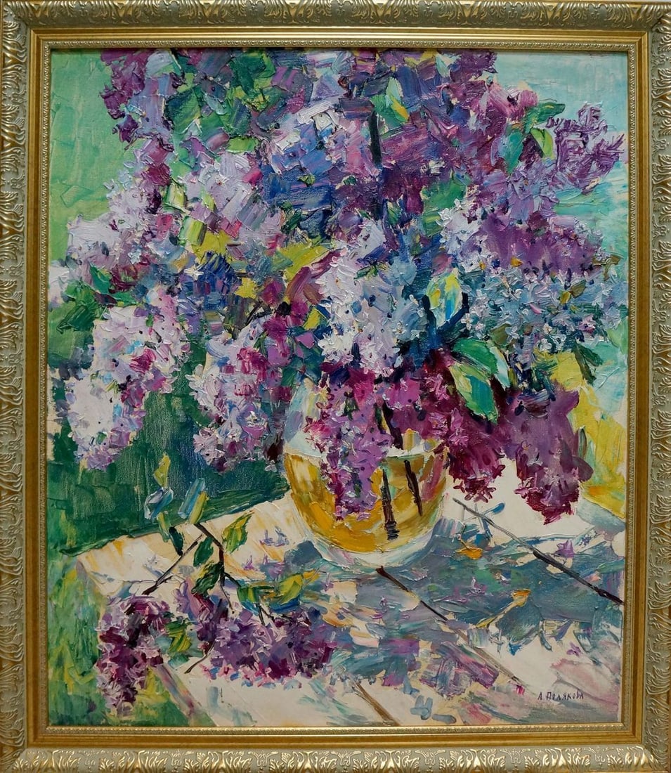 Oil painting Lilac Polyakova Lyudmila Valentinovna: No.Vern 1483 *** ABOUT THIS PAINTING *** * TITLE: "Lilac" * ARTISTS: Polyakova Lyudmila Valentinovna * SIZE: 70x60 cm/27.55x23.62 inches', frame SIZE: 79x69 cm/31.10x27.16 inches' * MEDIUM: oil, canva
