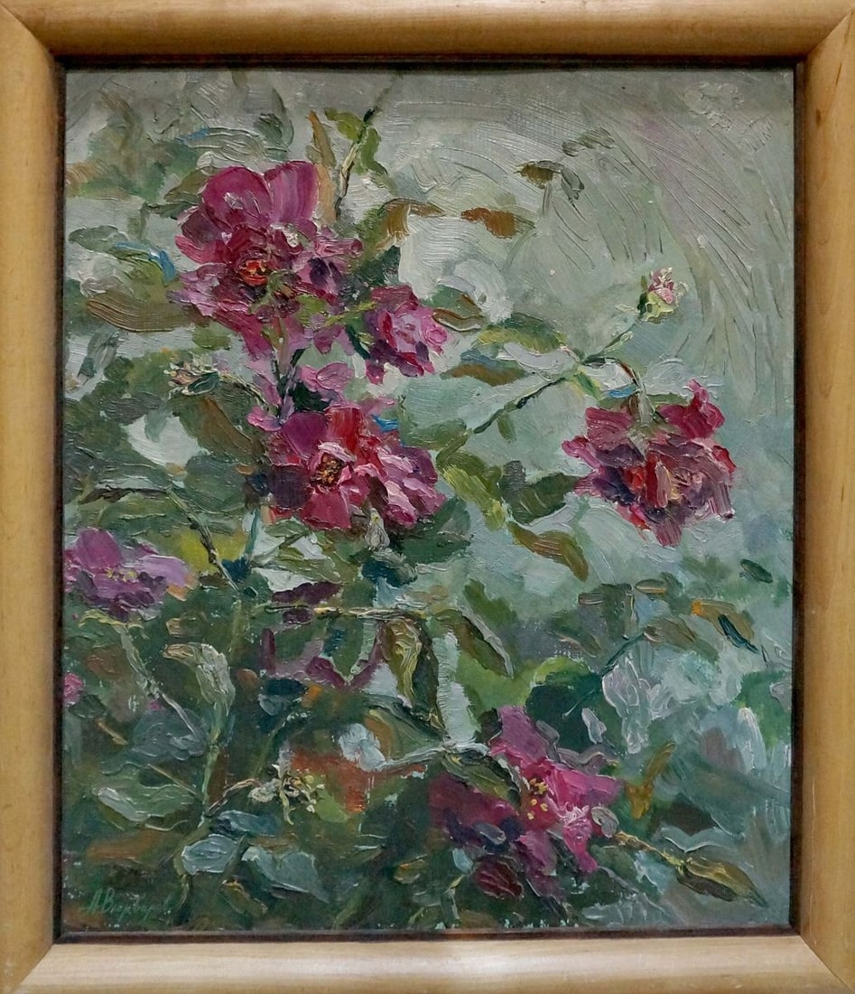Oil painting Rosehip color Anatoly Varvarov: No.Vern 1497 *** ABOUT THIS PAINTING *** * TITLE: "Rosehip color" * ARTISTS: Anatoly Varvarov * SIZE: 48x42 cm/18.89x16.53 inches', frame SIZE: 48x42 cm/18.89x16.53 inches' * MEDIUM: oil, cardboard *