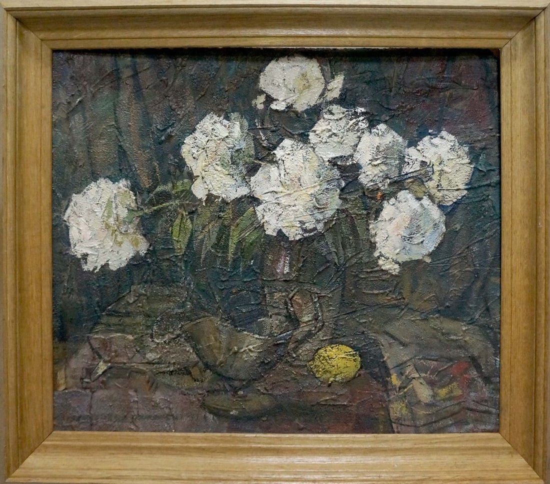 Oil painting Flowers Y. V. Derzhavin: No.Vern 1500 *** ABOUT THIS PAINTING *** * TITLE: "Flowers" * ARTISTS: Y. V. Derzhavin * SIZE: 47x57 cm/18.50x22.44 inches', frame SIZE: 59x67 cm/23.22x26.37 inches' * MEDIUM: oil, cardboard * HAND PA