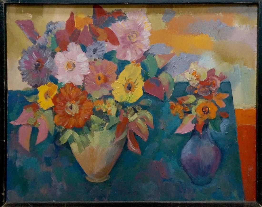 Oil painting Flowers on a blue canvas Evgeny Fedko: No.Vern 1628 *** ABOUT THIS PAINTING *** * TITLE: "Flowers on a blue canvas" * ARTISTS: Evgeny Fedko * SIZE: 50x40 cm/19.68x15.74 inches' * MEDIUM: oil, canvas * HAND PAINTED: Original painting from o