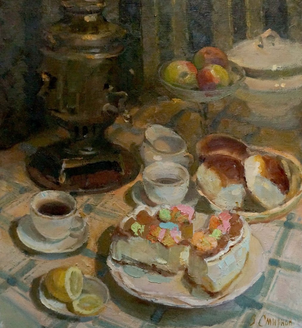 Oil painting Sweet table Smirnov Valentin Sergeevich: No.Vern 1636 *** ABOUT THIS PAINTING *** * TITLE: "Sweet table" * ARTISTS: Smirnov Valentin Sergeevich * SIZE: 60x55 cm/23.62x21.65 inches' * MEDIUM: oil, canvas * HAND PAINTED: Original painting from