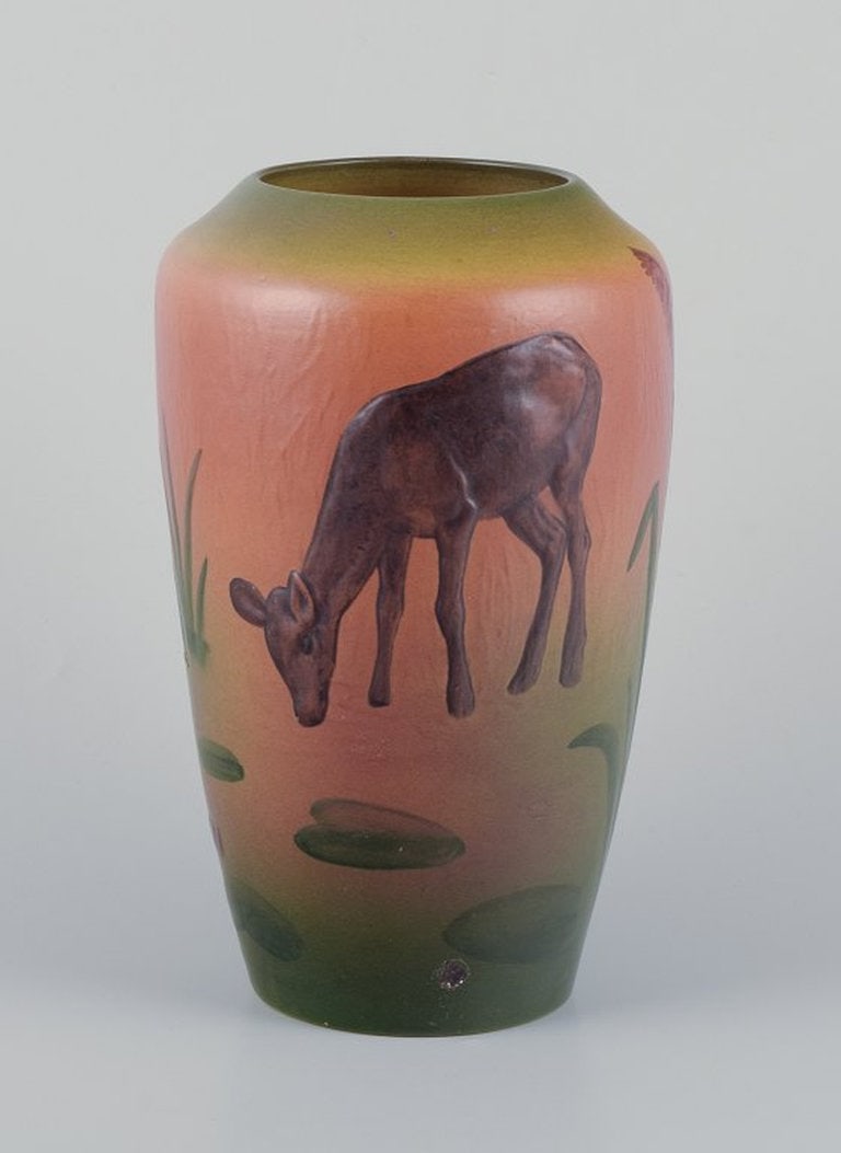 Ipsens Enke, Denmark. Ceramic vase with deer and duck. Glazing in orange and green tones. 1920s/30s. (1 of 8)