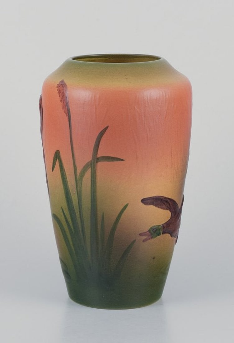 Ipsens Enke, Denmark. Ceramic vase with deer and duck. Glazing in orange and green tones. 1920s/30s. - 3