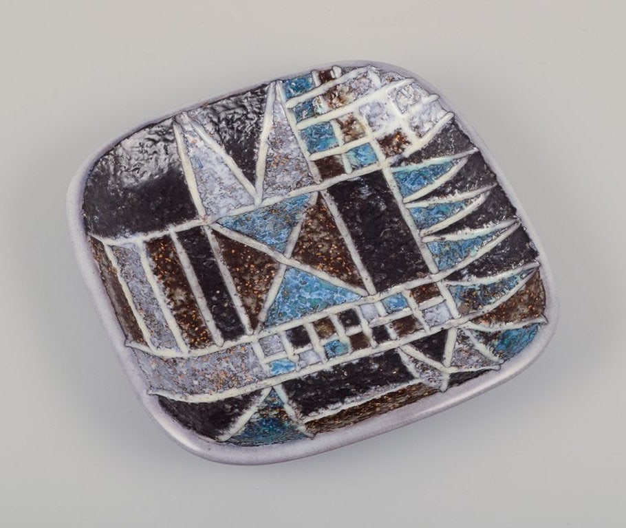 Ingrid Atterberg for Upsala Ekeby, Sweden. Ceramic 'Tri' dish. Geometric pattern with polychrome (1 of 8)