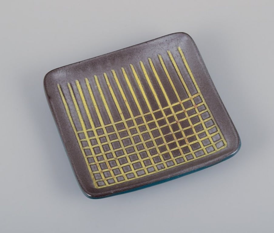 Hjordis Oldfors for Upsala-Ekeby, Sweden. Ceramic tray with glaze in yellow, brown, and blue tones. (1 of 7)