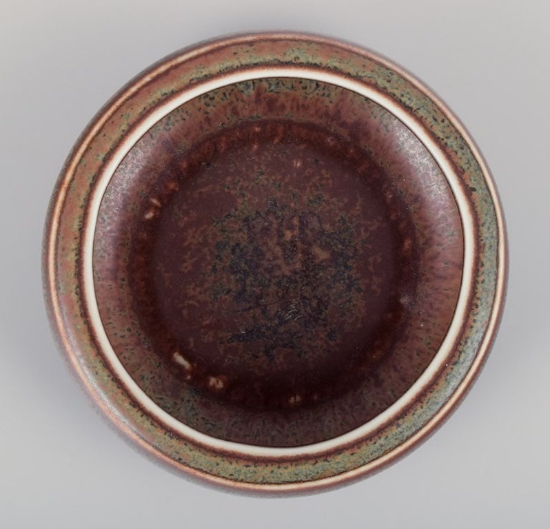 Carl Harry Stalhane for Rorstrand, Sweden. Low ceramic bowl with brown and green glaze. Mid-20th - 5