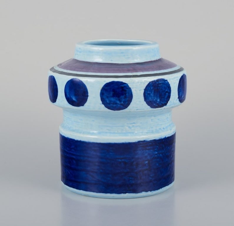 Olle Alberius for Rorstrand, Sweden. 'Lavendel' ceramic vase with glaze in blue and light blue: Olle Alberius for Rorstrand. "Lavendel" ceramic vase with glaze in blue and light blue tones. Decorated with dots. Model F-8. 1970s. Perfect condition. Marked. First factory quality. Dimensions: H 15.