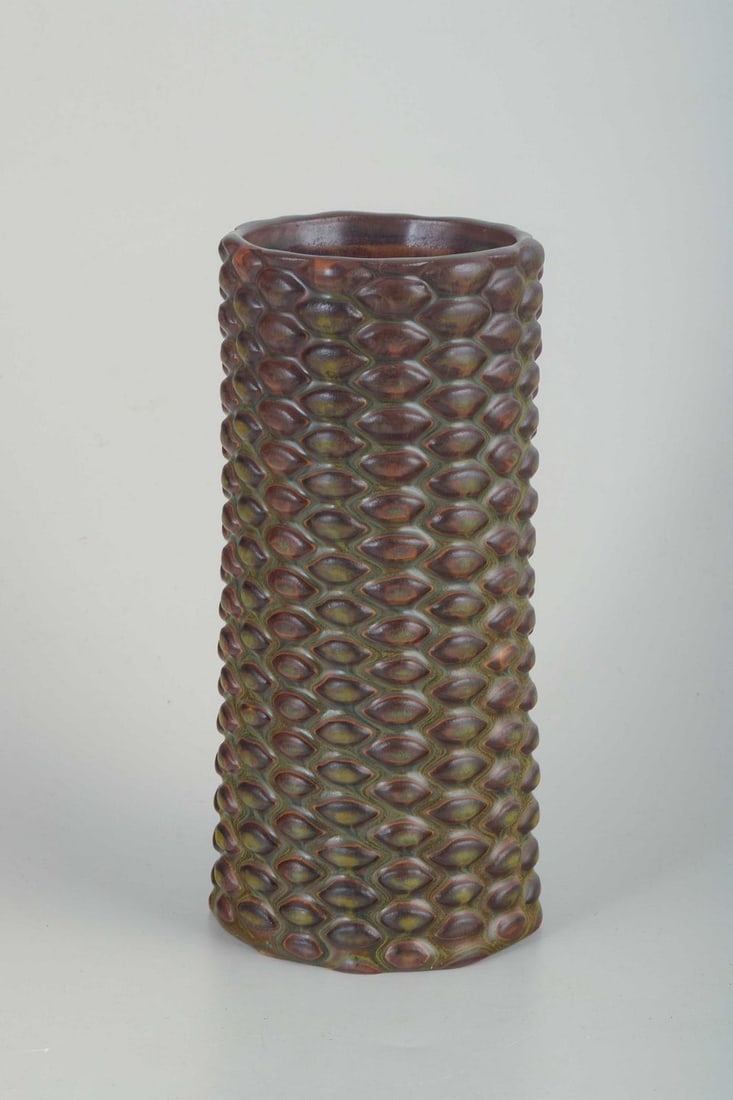 Axel Salto for Royal Copenhagen. Cylindrical ceramic vase. Budding style. 1940s: Axel Salto for Royal Copenhagen. Cylindrical ceramic vase in budding style. 1940s Organically shaped cylindrical vase in thrown stoneware with characteristic bud-like relief decoration and multicolore