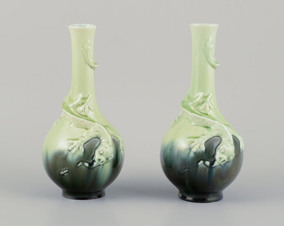 Rorstrand, Sweden. A pair of Art Nouveau faience vases with relief motif of lizards. Approximately - 2