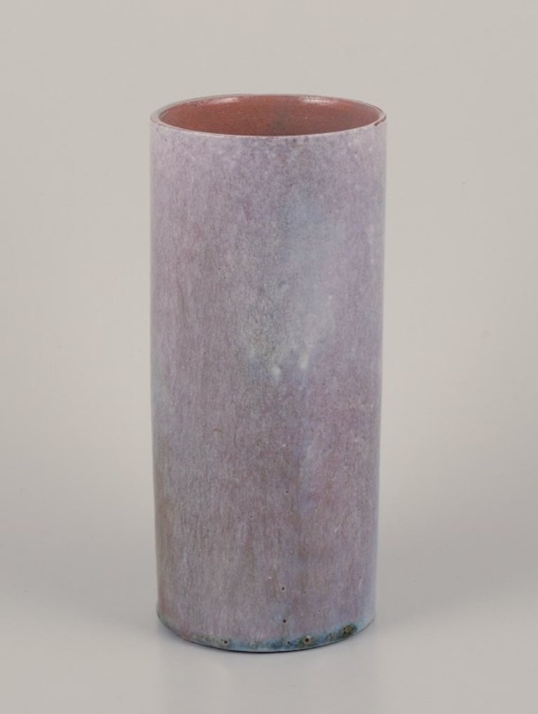 Biot, France. Unique ceramic vase. Cylindrical shape. Glaze in gray-green tones. Approximately - 5