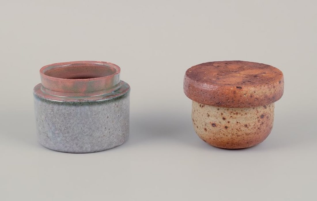 European studio potter. Two unique ceramic jars, one with a lid. Glazed in earth tones and blue-gray (1 of 7)